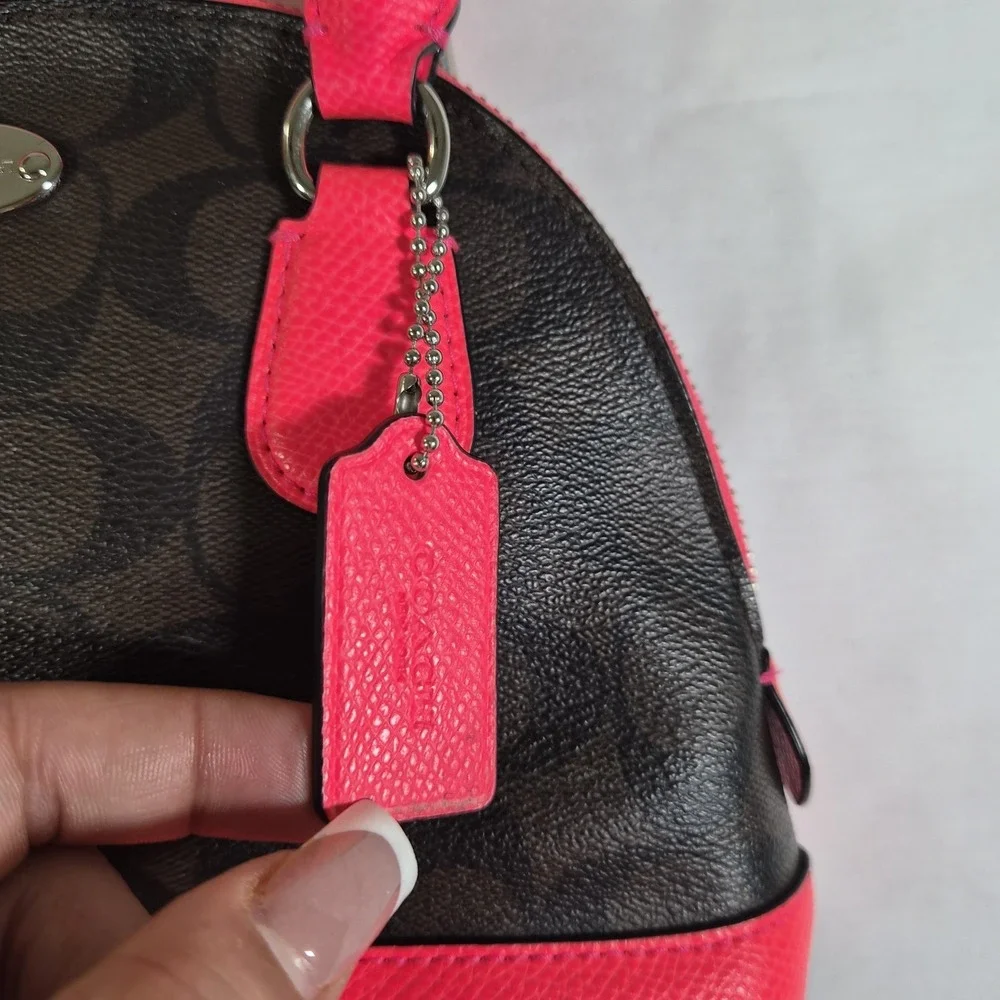 Coach Signature Dome Satchel‎ Bag Brown Pink Leather Crossbody Purse
